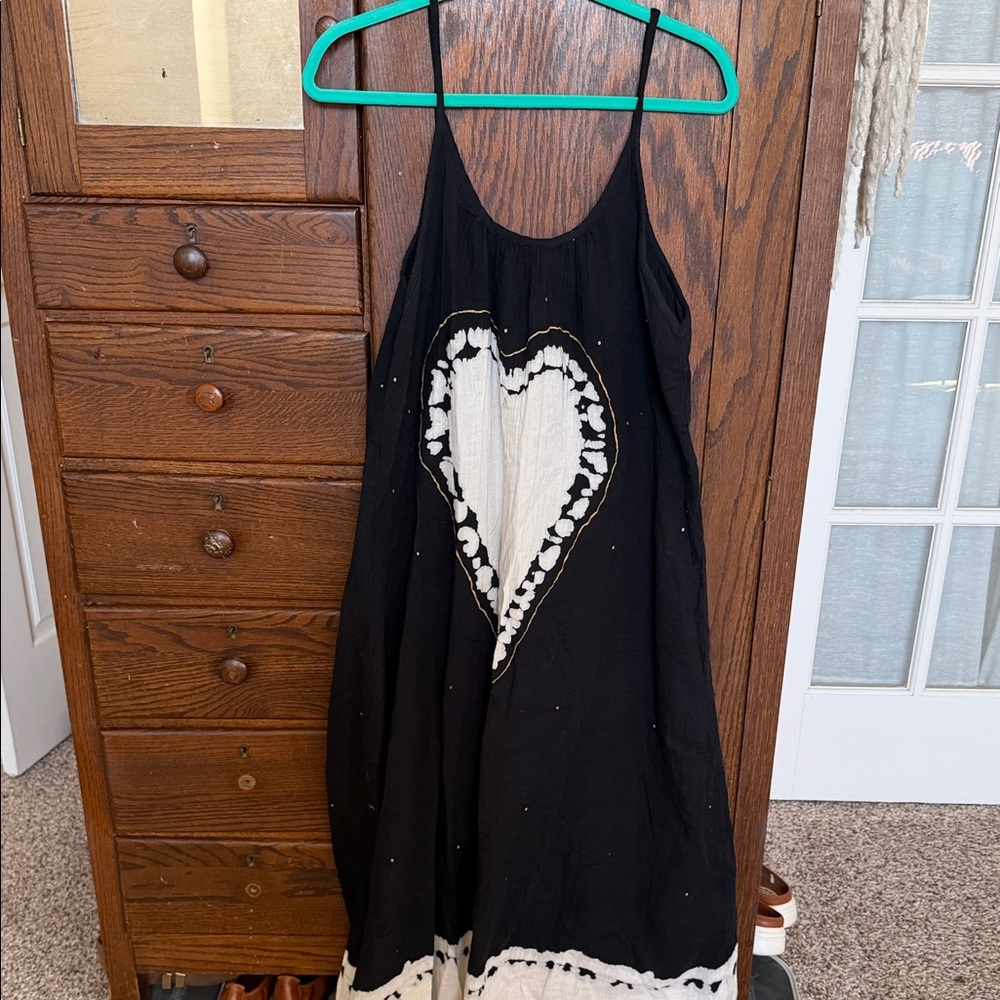 Black Spaghetti-Strap Dress with White Heart Detail